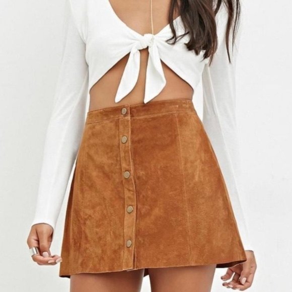 Brown Suede A-Line Buttoned Skirt - Picture 1 of 4